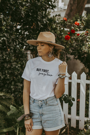 Women's White But First, Sunscreen Shirt